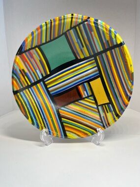 Fused Glass Bowl Multicolor Striped Art Glass Decorative